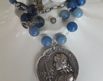 Vintage repurposed assemblage jewelry Joan of Arc medal charm French necklace  blue silverplate crucifix Atelier Paris Etsy connie foster
