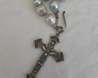 Silver lilies french crucifix 1880 with dove grey baroque freshwater pearls by connie foster atelier paris on etsy