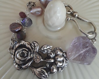 Flower Vintage Repurposed silver assemblage charm bracelet boho jewelry amethyst rose pearl Atelier Paris Etsy Connie Foster silverplate