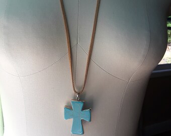 Vintage repurposed assemblage necklace jewelry Western cowgirl turquoise cross leather pendant Natalia Paris Etsy handmade