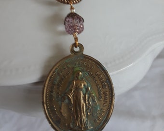 French vintage brass religious medal 1846 assemblage charm  necklace jewelry genuine freshwater pearls atelier paris etsy. Connie Foster