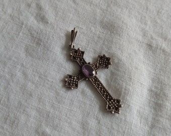 Antique sterling silver cross crucifix amethyst pendant necklace jewelry