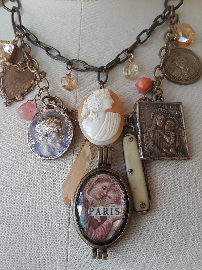 Vintage Repurposed Assemblage Charm Necklace Boho Jewelry French Cameo