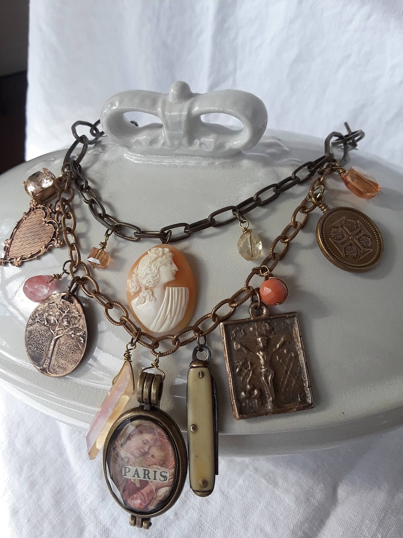 Vintage Repurposed Assemblage Charm Necklace Boho Jewelry French Cameo