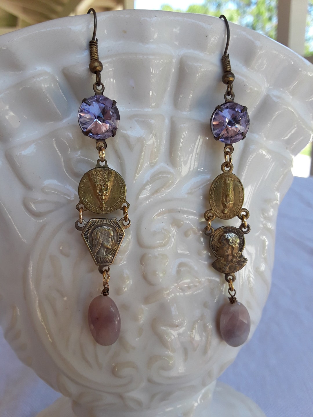 Vintage Repurposed Jewelry Religious Rosary Bronze Lavender Rhinestone ...