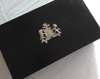 vintage black wood box silver crest shield emblem french storage bookshelf