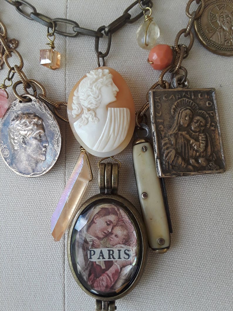 Vintage Repurposed Assemblage Charm Necklace Boho Jewelry French Cameo