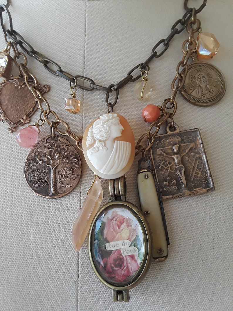 Vintage Repurposed Assemblage Charm Necklace Boho Jewelry French Cameo