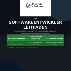 May include: A dark teal and black graphic with the text "Plötzlich arbeitslos" and "DER SOFTWAREENTWICKLER LEITFADEN". The image includes sections on immediate actions, rights & funding, and career advancement.