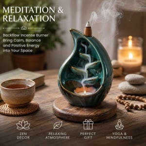 May include: A teardrop-shaped teal ceramic backflow incense burner with a tiered design that allows smoke to cascade downwards. The burner features a small holder for a tea light candle at the base and includes text reading MEDITATION & RELAXATION.