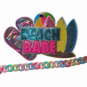 Beach Babe Patch & Chain Kit – Rhinestone Surfboard, Seashell Accents – DIY Hat Accessory