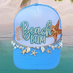 Beach Bum Trucker Hat – Coastal Charm Patch Hat with Seashell & Starfish Chain