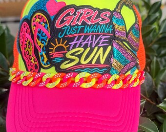 Girls Just Wanna Have Sun Trucker Hat | Neon Beach Lake Rhinestone Chain Snapback