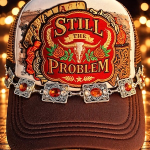 May include: A brown and white trucker hat featuring a central red embroidered patch with the text STILL THE PROBLEM, a bull skull, and roses. A silver-toned chain with square settings and orange rhinestones encircles the base of the front panel.