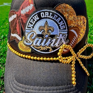 Black and Gold Football New Orleans Hat | Removable Gold Beaded Bow Hat Chain