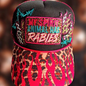 My Spirit Animal Has Rabies Hat | Leopard Print Trucker Hat | Funny Edgy Statement Hat | Colorful Embroidered Patch Hat | Women’s Hat