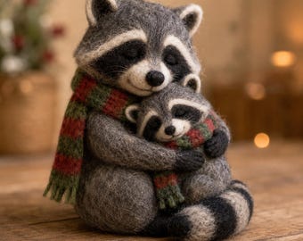 ニードルフェルト製アライグマの親子フィギュア、ウールアート彫刻、森のクリスマスデコレーション