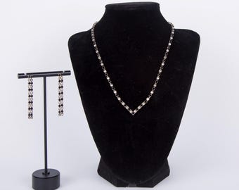 Black and Silver Rhinestone Art Deco Necklace with Double Strand Drop Earrings Set Vintage 1940's