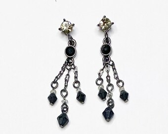 Vintage 1980's Art Deco 1930's Style Rhinestone and Black Bead Drop Earrings for Bridal Party Prom or Formal Events