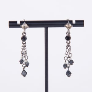 Vintage 1980s Drop Earrings with Rhinestones and Black Beads - Art Deco Style
