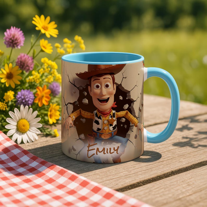 May include: A ceramic mug featuring the character Woody from Toy Story, with a light blue interior and handle. The mug has a design of Woody breaking through a wall, with the name "Emily" below. The mug is set on a wooden surface with flowers.