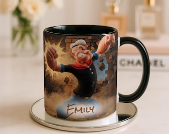 Popeye 3D Mug Personalized Name 11oz Accent Coffee Cup Sailor Cartoon Classic Gift
