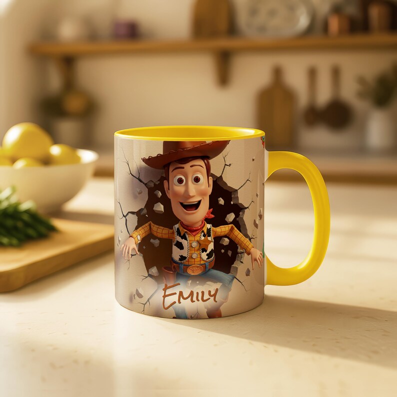 May include: A ceramic mug with a yellow handle and interior. The mug features a graphic of the character Woody from Toy Story breaking through a wall. The name "Emily" is written on the mug.
