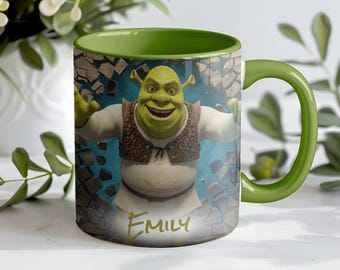 Taza 3D de Shrek con nombre personalizado, 325 ml, taza de café con detalles divertidos de ogros de dibujos animados.