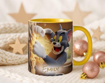 Taza 3D de Tom Cat con nombre personalizado, 325 ml, taza de café con detalles de dibujos animados de Tom y Jerry. Regalo ideal.