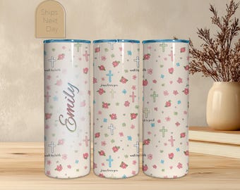 Christian Floral Cross Tumbler Personalized Name 20oz Skinny Faith Walk By Faith Coffee Cup