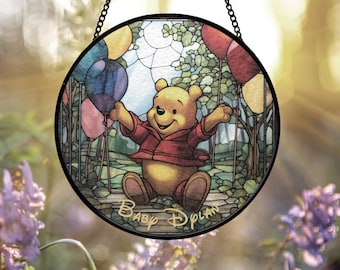 Personalized Pooh Suncatcher, Baby Name Stained Glass Nursery Decor, Custom Winnie Baby Shower Gift