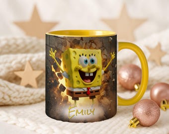 Taza 3D de Bob Esponja con nombre personalizado, 325 ml, taza de café con detalles de Bob Esponja amarillo, regalo de dibujos animados