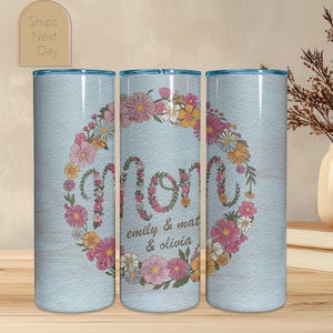 Vaso térmico personalizado para mamá con diseño de corona de flores silvestres, 591 ml, delgado, con nombres personalizados para niños, regalo para el Día de la Madre.