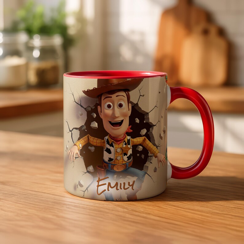 May include: A ceramic mug with a red handle and interior, featuring a colourful illustration of Woody from Toy Story. The design shows Woody breaking through a wall, with the name "Emily" written on the front.