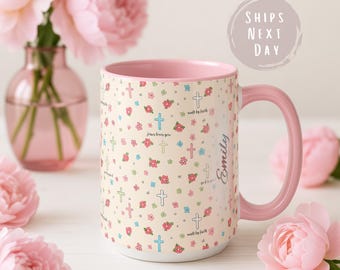 Christian Floral Cross Mug Personalized Name 11oz Accent Walk By Faith Coffee Gift Mug