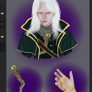 May include: Digital art of a person with long white hair, wearing a dark green cloak with gold trim. A curved blade and a gold hand chain with a pink gem are also depicted. The background is a gradient of purple and gray.
