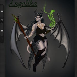 May include: Digital illustration of a female demon character named Angelika. She has black hair, horns, and bat wings. She wears a black dress and holds a staff with a green orb. A green, snake-like energy emanates from her hand.