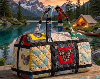 Disneyland Mickey And Friends Quilted Duffle Bag, Patchwork Gothic Mouse Ears Weekend Bag, Travel Luggage For Women, Overnight Tote Bag