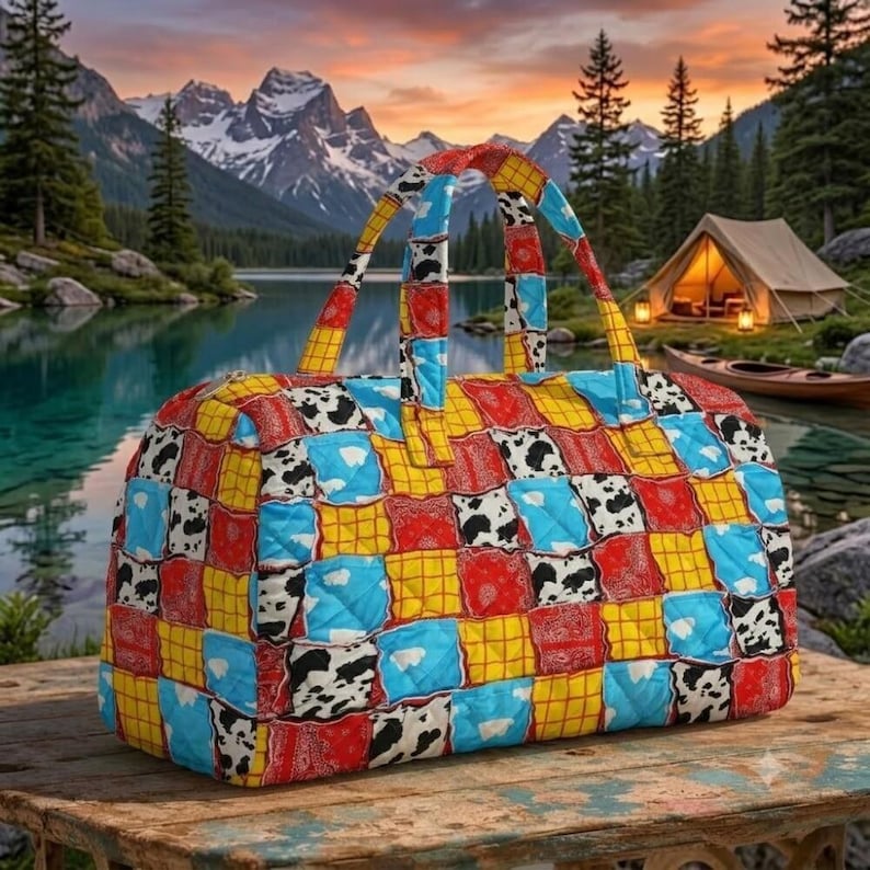 Toy Story Woody Buzz Duffel Bag, Quilted Patchwork Travel Bag, Western Cowboy Weekend Bag, Kids Overnight Bag, Gift for Disneyland Fans image 1