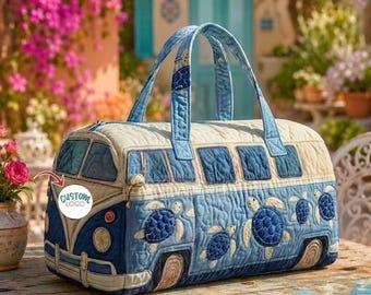 Retro Bus Sea Turtle Weekend Bag, Custom Quilted Duffle Bag, Personalized Van Travel Bag, Ocean Print Overnight Bag, Custom Boho Beach Gift