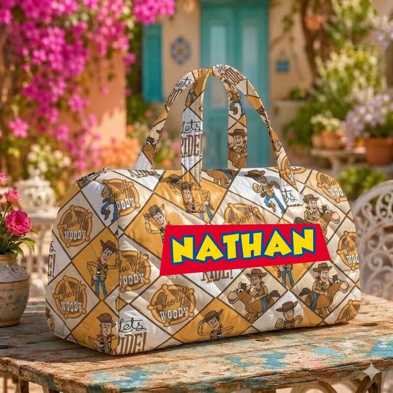 Personalized Woody Quilted Weekend Bag, Custom Toy Story Duffle Bag For Kids, Sheriff Woody Travel Bag, Cute Overnight Bag, Disneyland Gift image 1