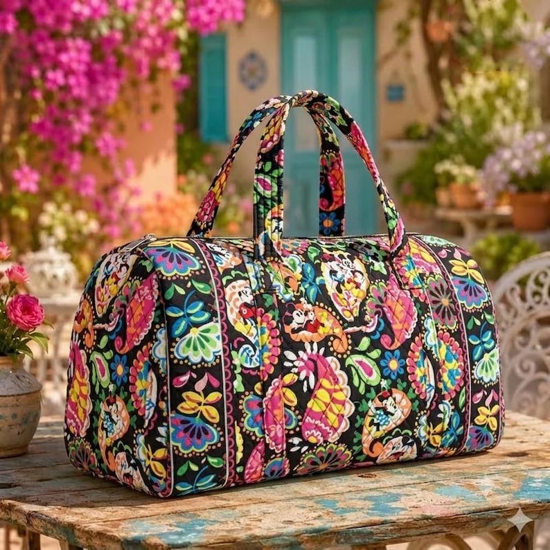 Mickey Minnie Mouse Duffel Bag, Quilted Travel Bag, Floral Paisley Weekender, Disneyland Vacation Luggage, Gift for Disneyland Mom image 1