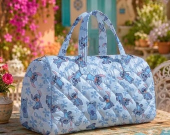 Torba podróżna Lilo & Stitch, pikowana torba podróżna Ohana, torba podróżna z postaciami z Disneylandu, prezent dla miłośników ściegu, torba podróżna z motywem kwiatowym