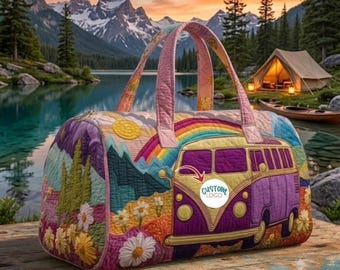 Rainbow Hippie Van Quilted Duffle Bag, Cute Meadow Travel Tote, Custom Logo Weekender Bag, Vintage Camper Overnight Bag, Road Trip Gifts