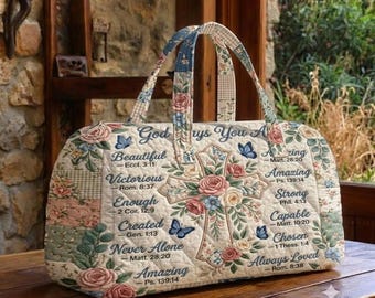 Gesteppte Einkaufstasche mit Blumenkreuz, christliche ästhetische Reisetasche, bedeutungsvolle Zitathandtasche, Geschenk für sie, ästhetische Wochenendtasche, Geschenk für Reisende