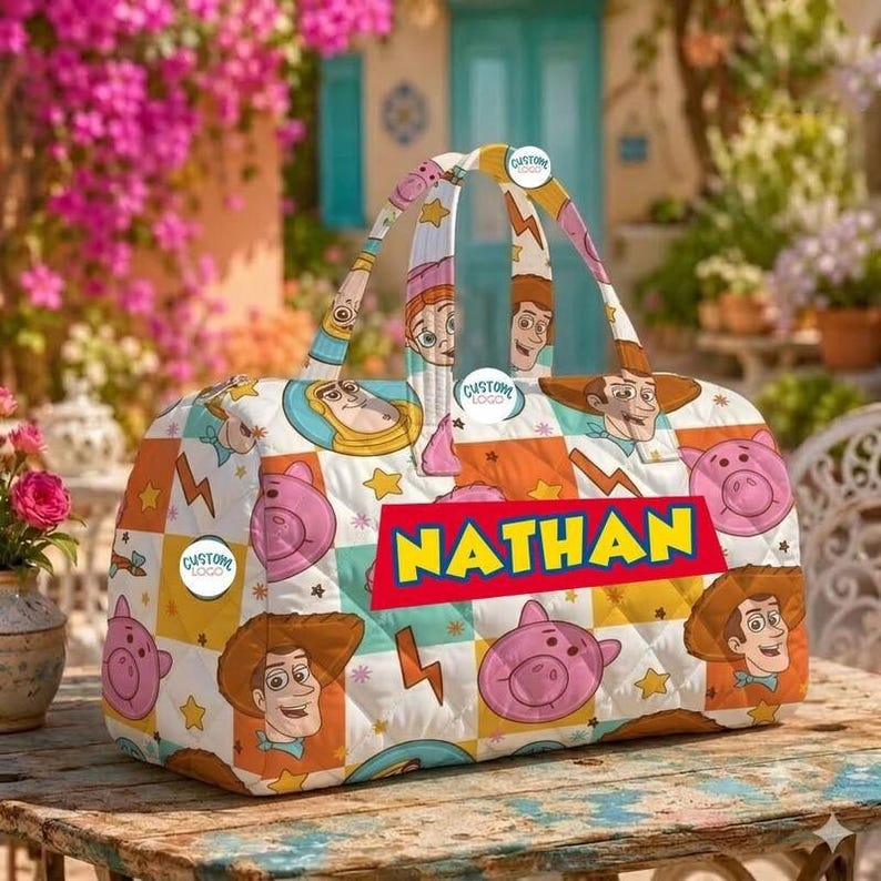 Personalized Toy Story Quilted Weekend Bag, Custom Duffle Bag For Kids, Toddler Travel Bag, Woody Buzz Lightyear Overnight Bag, Gift For Him image 1