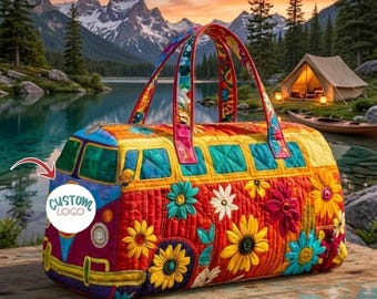 Hippie Flower Quilted Duffle Bag, Vintage Bus Power Weekender Bag, Retro Custom Travel Tote, Boho Overnight Bag, Cute Festival Luggage Gift