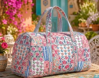 Torba podróżna z pikowanym wzorem kwiatowym, torba podróżna na weekend, torba nocna Boho Cottagecore, botaniczny sprzęt sportowy dla kobiet, prezent dla podróżnika