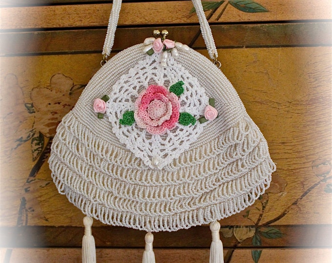 Romantic Beaded Clutch Ribbon Roses Tassels Fresh Water S Etsy