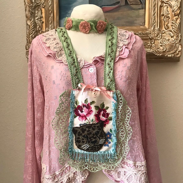 Unique Antoinette Vintage Style  Kitty  Boudoir Bag  Wood Bottom Strong OOAK Embroidered Beaded Appliqué